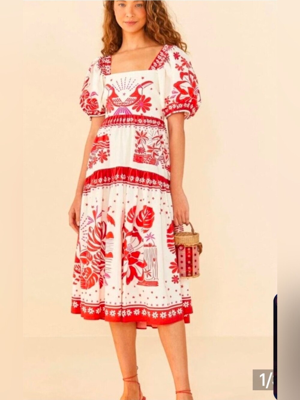 FARM Rio Cream and Red Tropical Floral Puff Sleeve Midi Dress Size XL